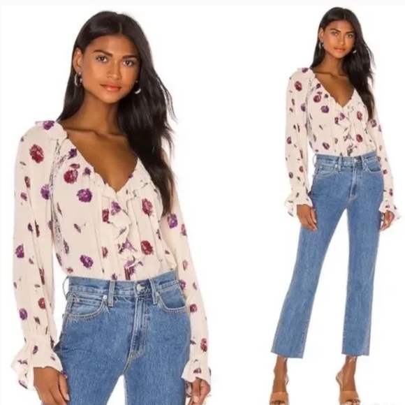 Free People Floral Poppy Printed Bodysuit Ruffle lace Cream Size S Pink - Picture 13 of 14